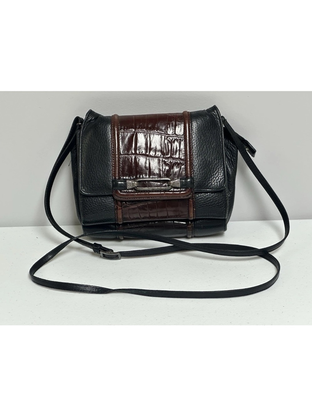 Brighton Jagger embossed croc studded organizer crossbody purse Black Brown